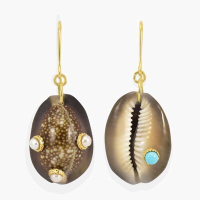 Aretes de perlas y concha de cauri oscuro turquesa
