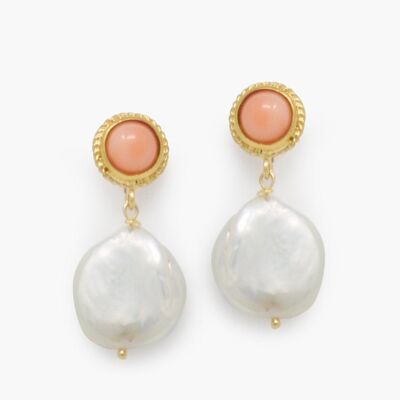 Pendientes de botón de coral rosa y perlas Keshi