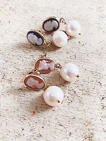 Boucles d'Oreilles Mini Camée Rose & Perles 2