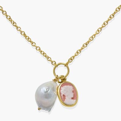 Mini camée rose avec un collier de perles