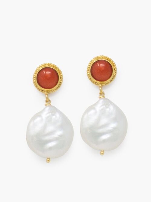 Red Coral & Keshi Pearls Stud Earrings