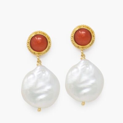 Red Coral & Keshi Pearls Stud Earrings