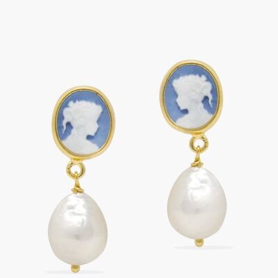 Boucles d'Oreilles Mini Camée & Perle Bleu Ciel