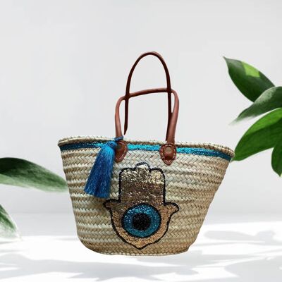 Bohemian Handmade Sequin Straw Basket Bag with Fatima Hand