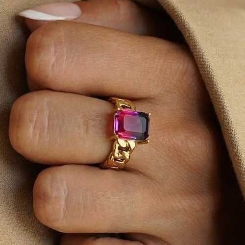 Anello regolabile in acciaio Anello con sigillo in cristallo fucsia Maglia natalizia