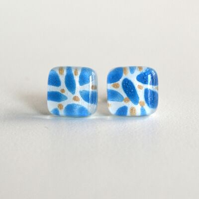 Boucles d'oreilles clous en verre et argent 925, Feuilles bleues, Bijoux durables