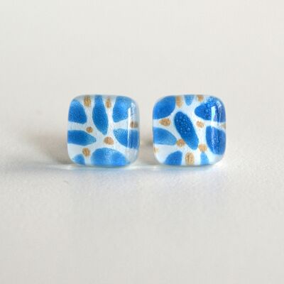 Glass and 925 silver stud earrings, Blue leaves, Sustainable jewelry