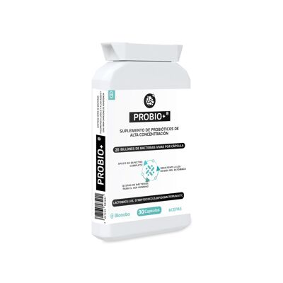 PROBIO+® | Integratore probiotico multi-ceppo (8) con 20 miliardi di batteri per capsula | 30 tappi. |