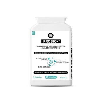 PROBIO+® | Supplément probiotique multi-souches (8) avec 20 milliards de bactéries par capsule | 30 capsules. | 6