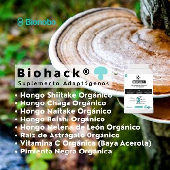BIOHACK® | Champignons adaptogènes | 90 capsules. | Reishi biologique, Chaga, Lions Mane, Shitake, Maitake, Astragale et Acérola | 3