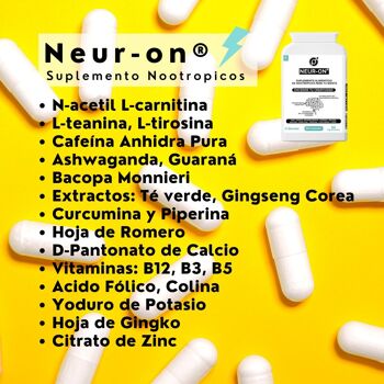 NEUR-ON® | Nootropiques | 60 capsules. | Ashwagandha, Bacopa Monnieri, Ginkgo, L-Carnitine, L-théanine, L-Tyrosine, B3, B5, B12 ++ 5