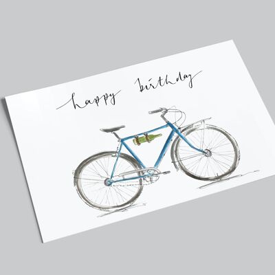Geburtstagskarte | blaues Fahrrad mit Weinflasche | Happy Birthday | Postkarte mit Wein und Fahrrad