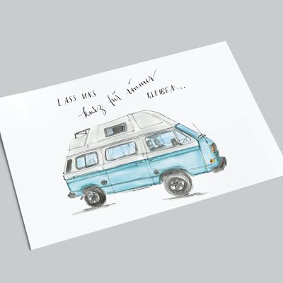 Postal | Bulli azul | seamos breves para siempre | Tarjeta Vanlife con dicho