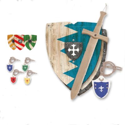 Juego de estantes para espadas: espada de 45 cm + escudo de madera + estante para espadas