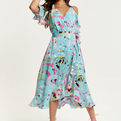 Liquorish Blue Abstract Print Midi Wrap Dress With Long Sleeves