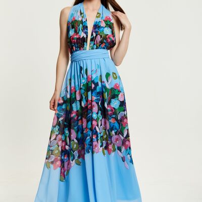 Liquorish Floral Print Deep V Neck Maxi Dress in Blue
