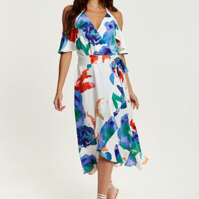 Liquorish Floral Print White Based Cold Shoulder Midi Wrap Dress