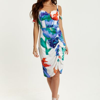 Liquorish Floral Print White Based Mini Dress With Ruched Detail