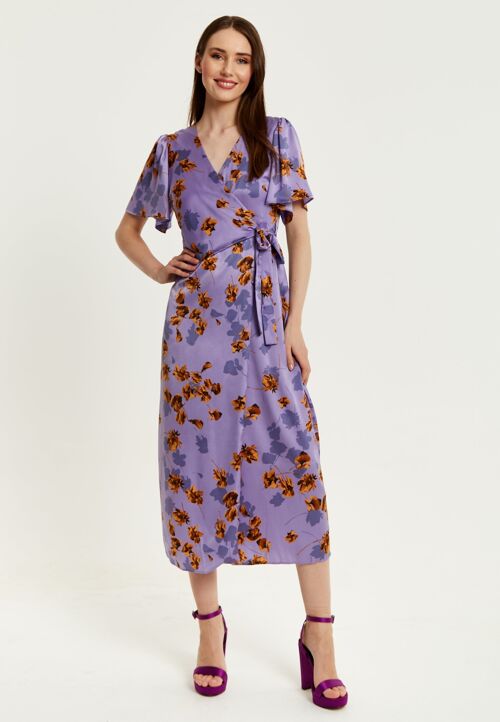 Liquorish Purple Floral Wrap Midi Dress