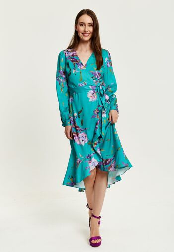 Robe mi-longue portefeuille à imprimé floral vert liqueur 1