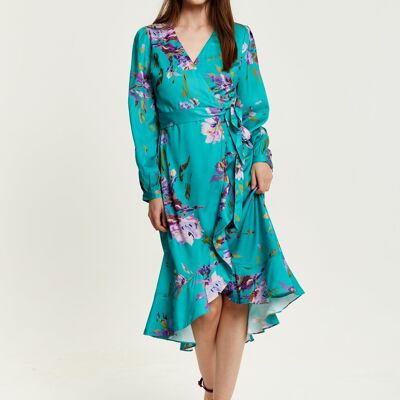 Robe mi-longue portefeuille à imprimé floral vert liqueur