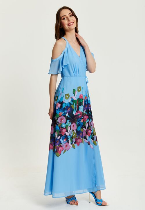 Liquorish Floral Print Maxi Wrap Dress With Frill Details in Blue