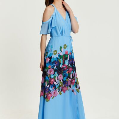 Liquorish Floral Print Maxi Wrap Dress With Frill Details in Blue