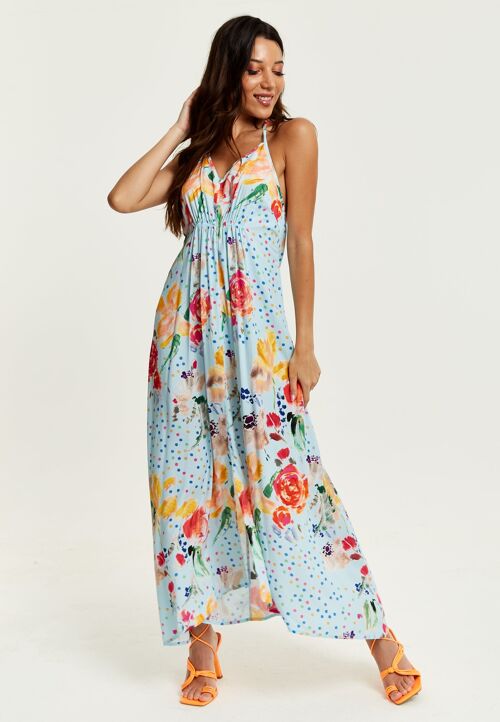 Liquorish Blue Floral Print Midi Asymmetrical Dress With Open Back