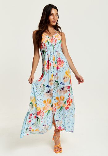 Robe mi-longue asymétrique à imprimé floral bleu Liquorish avec dos ouvert 4