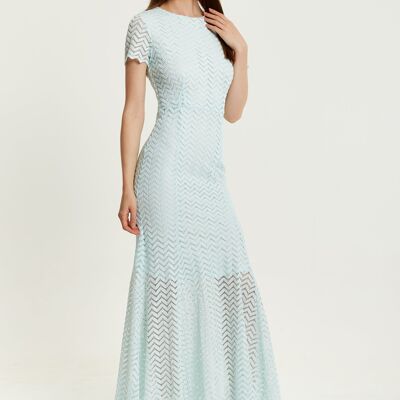 Maxi abito in pizzo azzurro liquore con dettaglio schiena scoperta