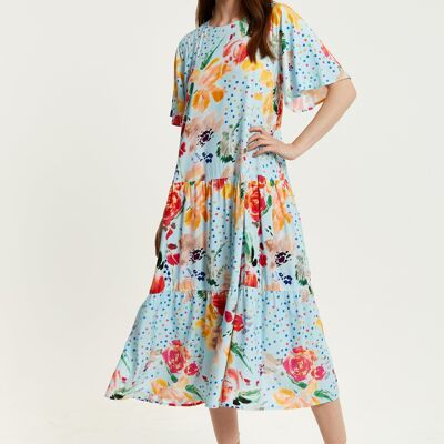 Maxi robe smockée à imprimé fleuri bleu Liquorish