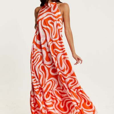 Liquorish Pink And Red Abstract Print Halter Neck Maxi Smock Dress