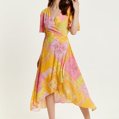 Liquorish Paisley Print Midi Wrap Dress In Yellow And Pink