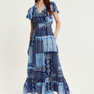 Liquorish Blue Tile Print Maxi Dress With Short Sleeves