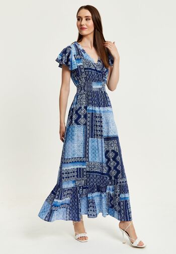 Robe Maxi Imprimé Carreaux Bleu Liquorish Avec Manches Courtes 3