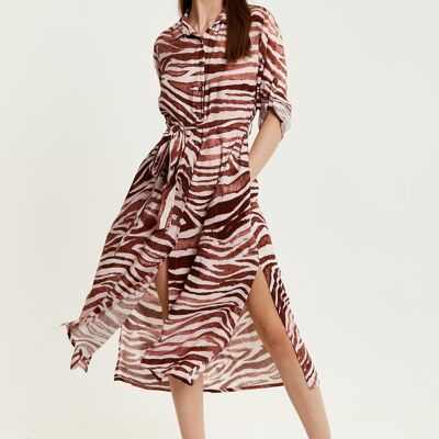 Liquorish Brown Zebra Print Midi Shirt Dress