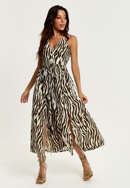 Liquorish Brown Zebra Strappy Midi Dress With Open Back