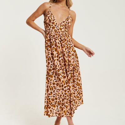 Liquorish Brown Leopard Strappy Midi Dress With Open Back