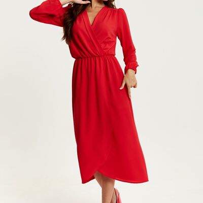 Vestido midi con diseño cruzado en rojo de Liquorish