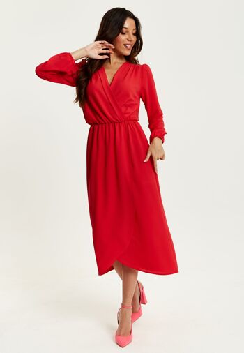 Liquorish - Robe mi-longue effet cache-coeur en rouge 1