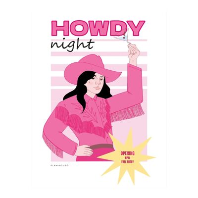 Dekorativer Druck „Howdy“ Flamingueo, einzigartiges Design, hergestellt in Spanien – dekoratives Poster