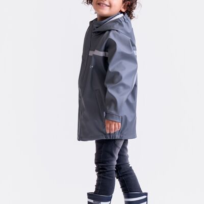 Chaqueta impermeable y antibarro para niños, sostenible, color gris.