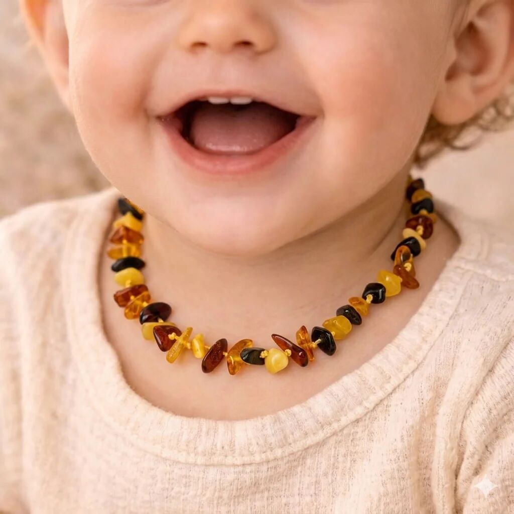 Amber teething necklace chips multicolor