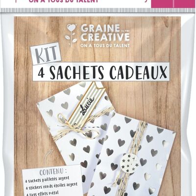 MINI KIT 4 SACHETS COEURS ARGENT A DECORER