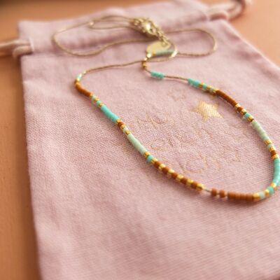 collier bohème perles miyuki : bleu Catalina, menthe, rouille.