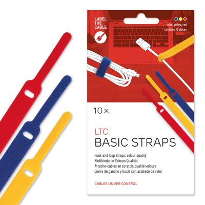 LABEL THE CABLE Klett-Kabelbinder - LTC BASIC STRAPS - 170mm x 14mm - rot, gelb & blau - 10 Stück