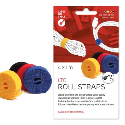 LABEL THE CABLE Klettbandrollen doppelseitig Velour - LTC ROLL STRAPS - 4x1m x 16mm - schwarz, gelb, blau & rot