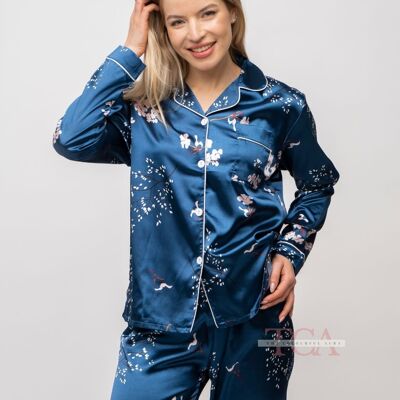 Traje de noche de manga larga de satén suave con estampado azul Conjunto de pijama de seda para mujer