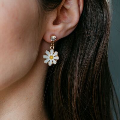 Weiße Gänseblümchen-Sonnenblumen-Zirkon-Ohrringe, handgefertigte Ohrstecker mit Sommer-Blumenmuster