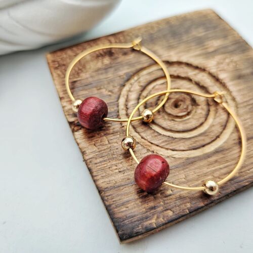 Red Sandalwood Beaded Minimalist Dangle Asian Ethnic Boho Hoop Earrings